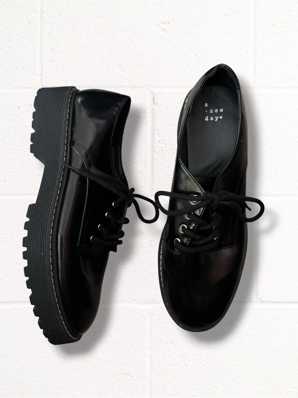 a new day Black Patent Faux Leather Platform Lace-Up Oxfords, 11